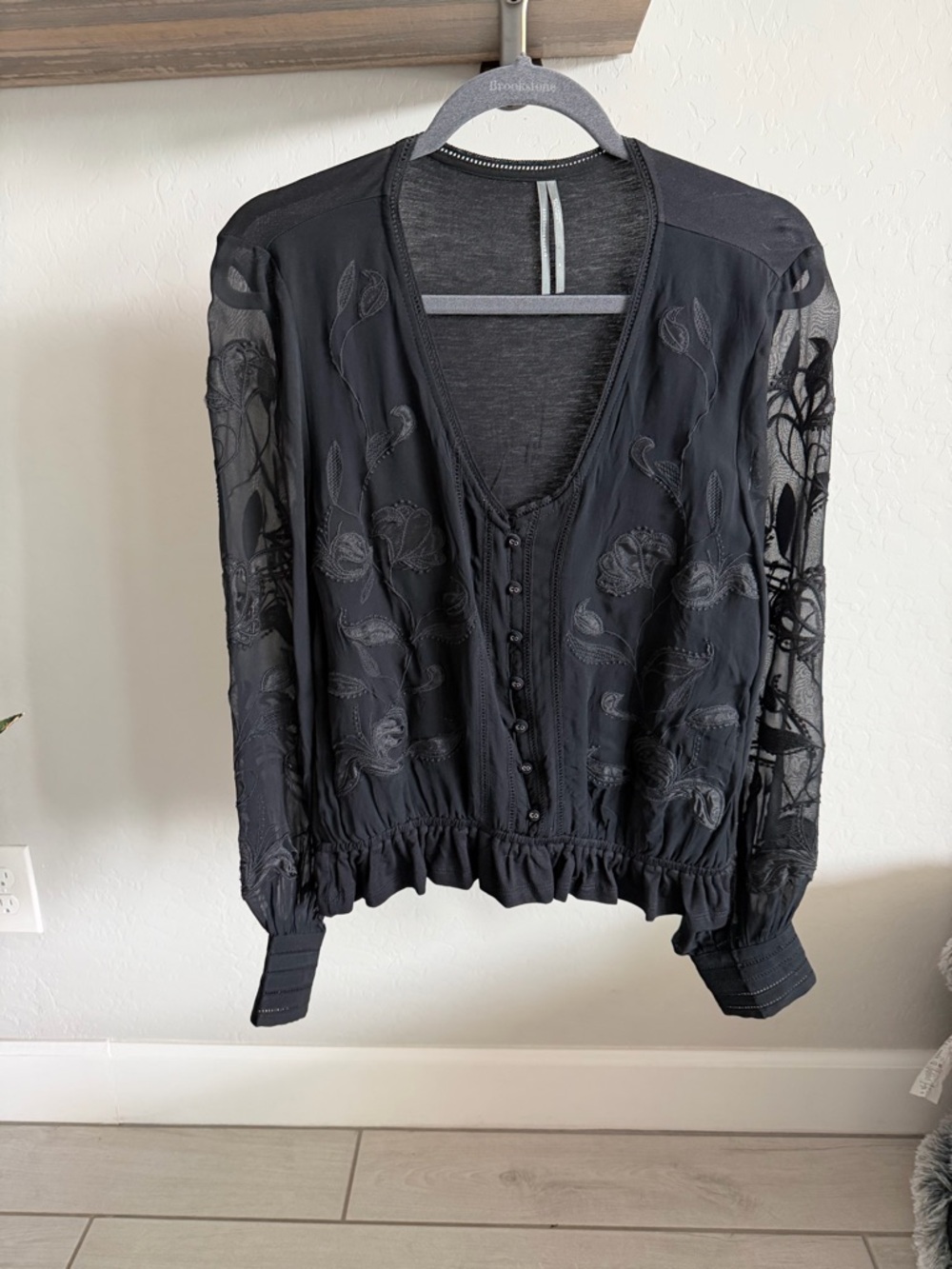 Anthropologie Black Sheer Lace-Trim Button Blouse